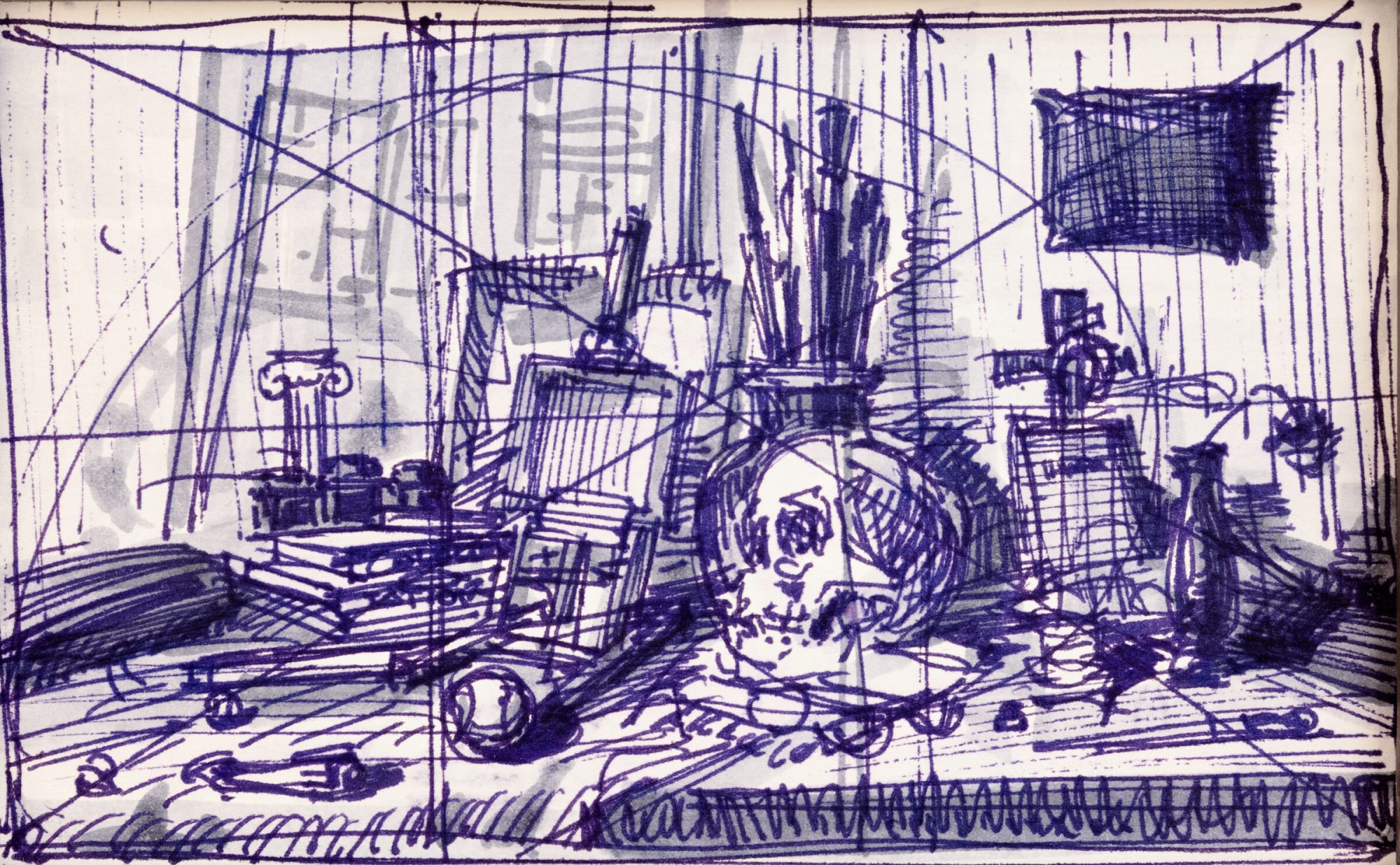 Small ink pen sketch titled "I Am" by Michael Cherno, an introspective self-portrait study on paper, 8x10 cm, 2025.